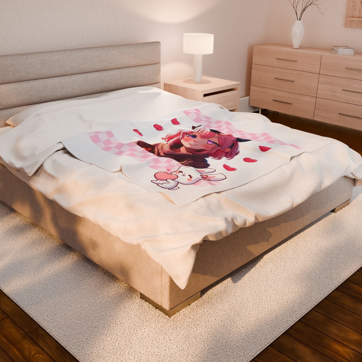 Velveteen Plush Blanket, Pink Bunny Girl Anime Style, Cozy Comforter Throw Bedding, Cute Kawaii Room Decor, Gift for Teens