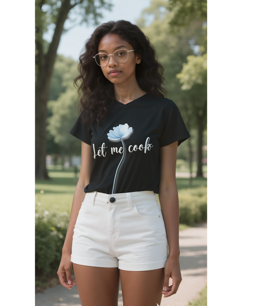 Let Me Cook Floral V-Neck T-shirt. Silhouette Collection.