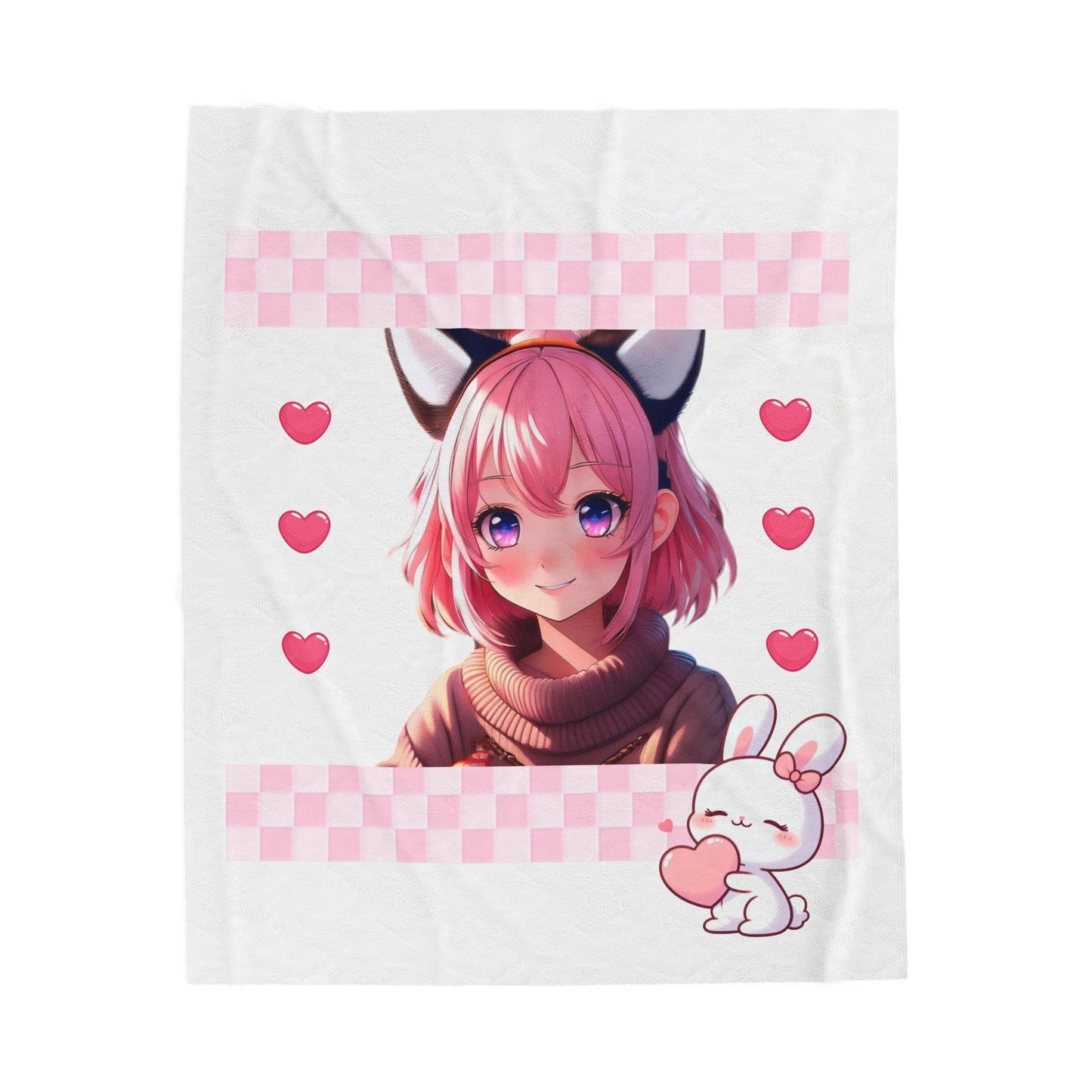 Velveteen Plush Blanket, Pink Bunny Girl Anime Style, Cozy Comforter Throw Bedding, Cute Kawaii Room Decor, Gift for Teens