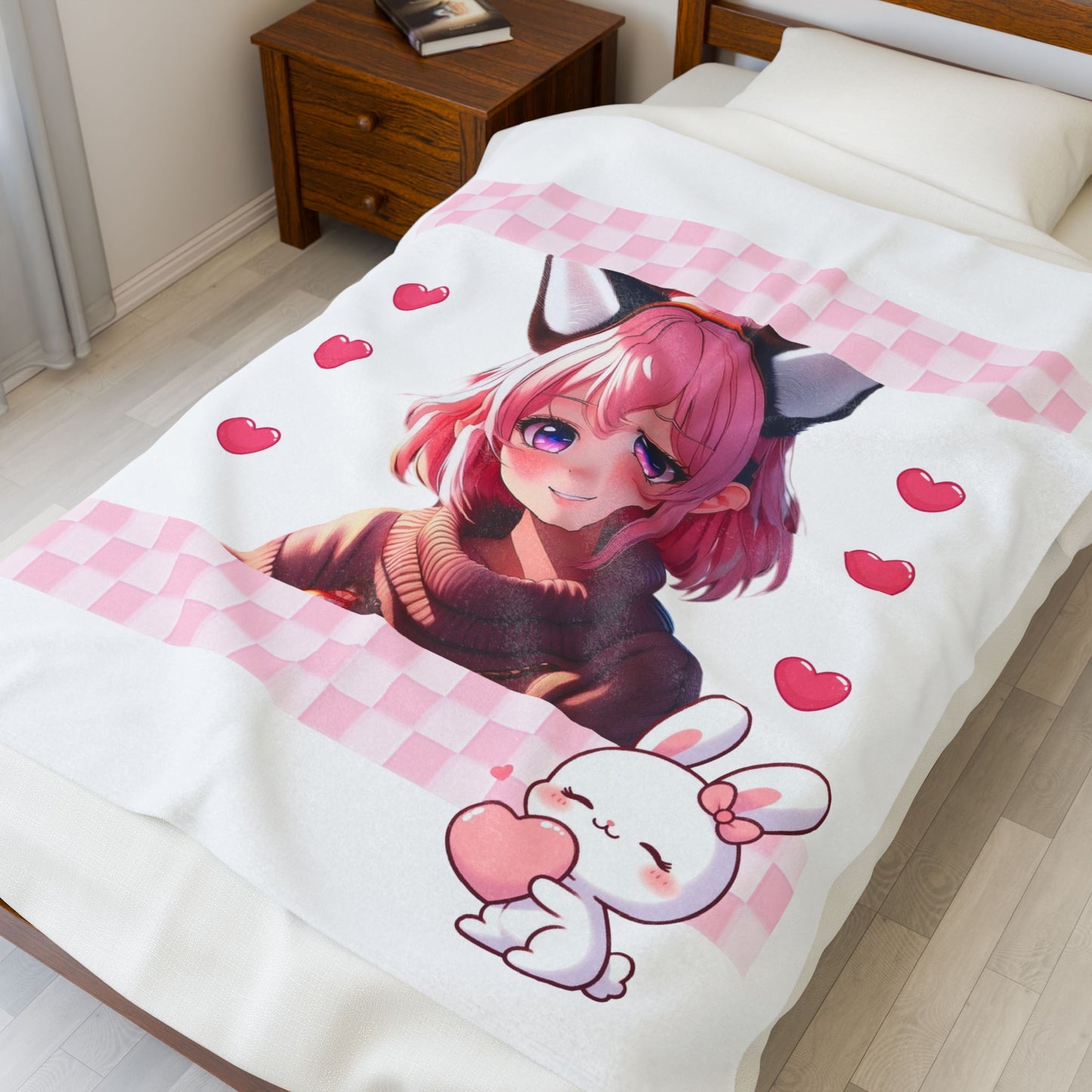 Velveteen Plush Blanket, Pink Bunny Girl Anime Style, Cozy Comforter Throw Bedding, Cute Kawaii Room Decor, Gift for Teens