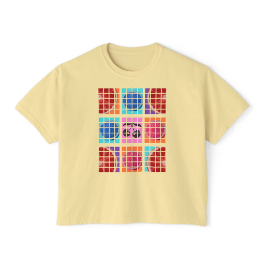 Butter t-shirt with colorful geometric pattern on a white background