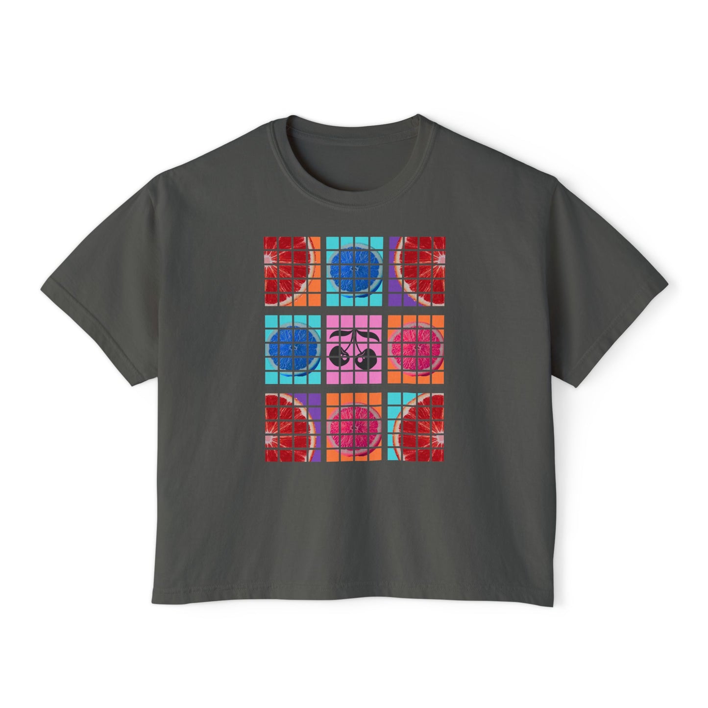 Pepper t-shirt with colorful geometric pattern on a white background