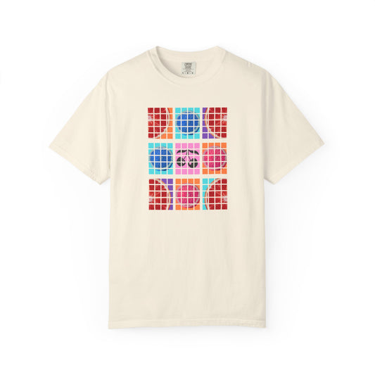 Ivory t-shirt with colorful geometric pattern on a white background