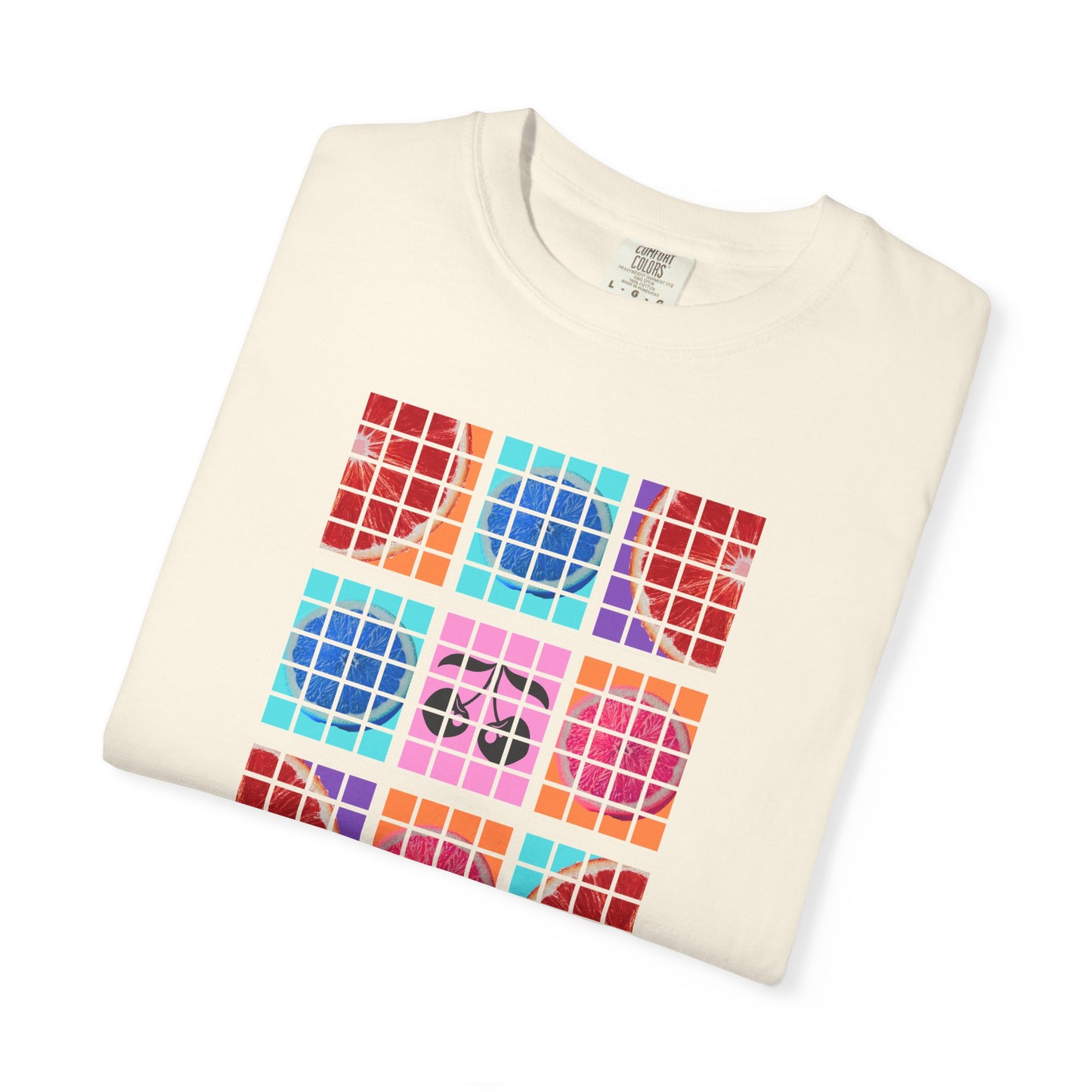 Folded cream-colored sweatshirt with colorful grid pattern on a white background