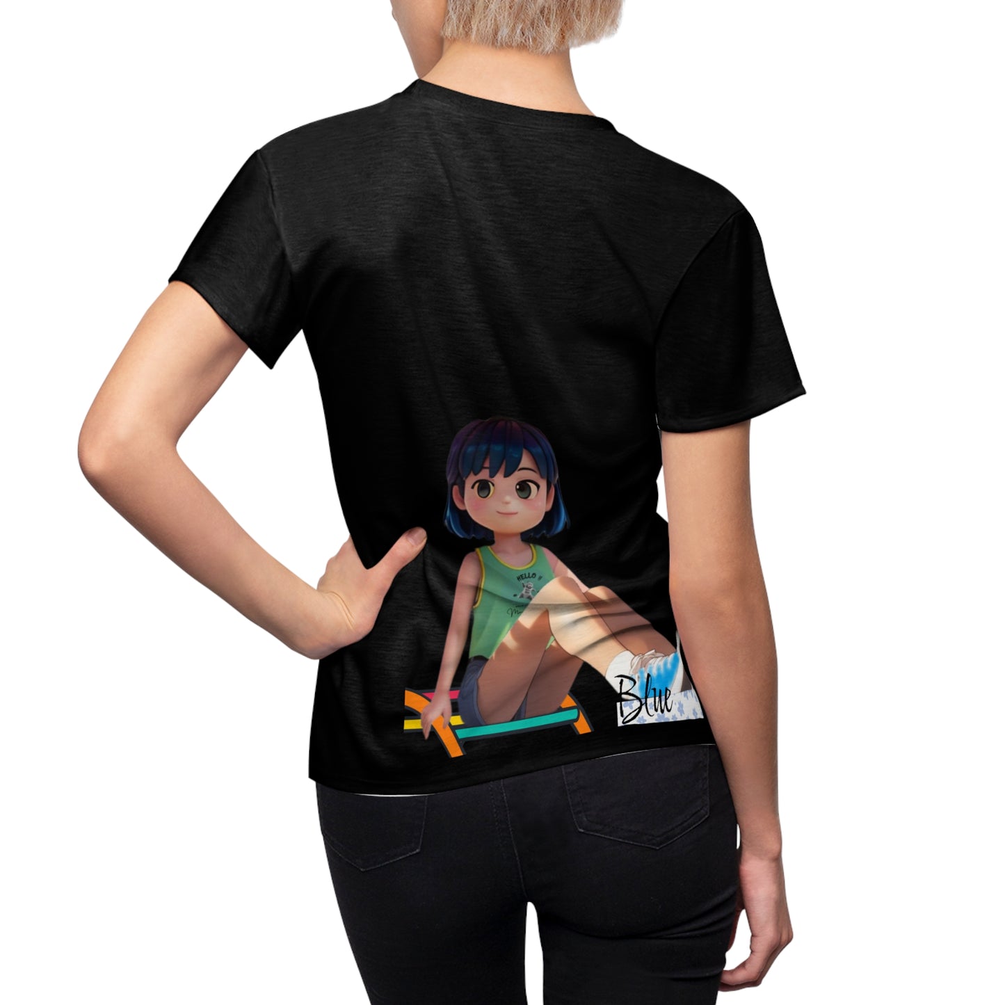 Black Azure_Blue_short Tee back woman whit hand on waist