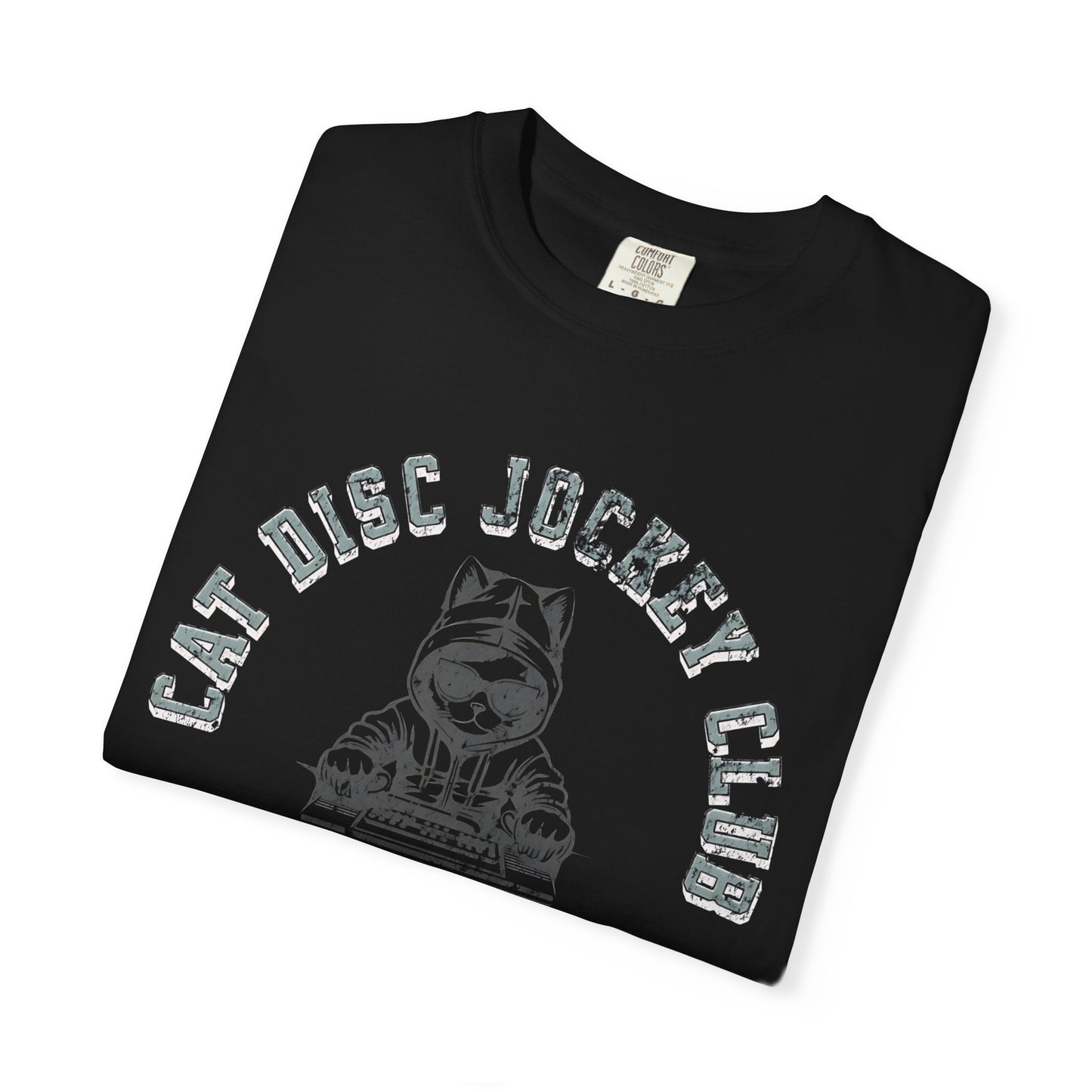 Black t-shirt with 'Cat Disc Jockey Club' text and graphic on a white background