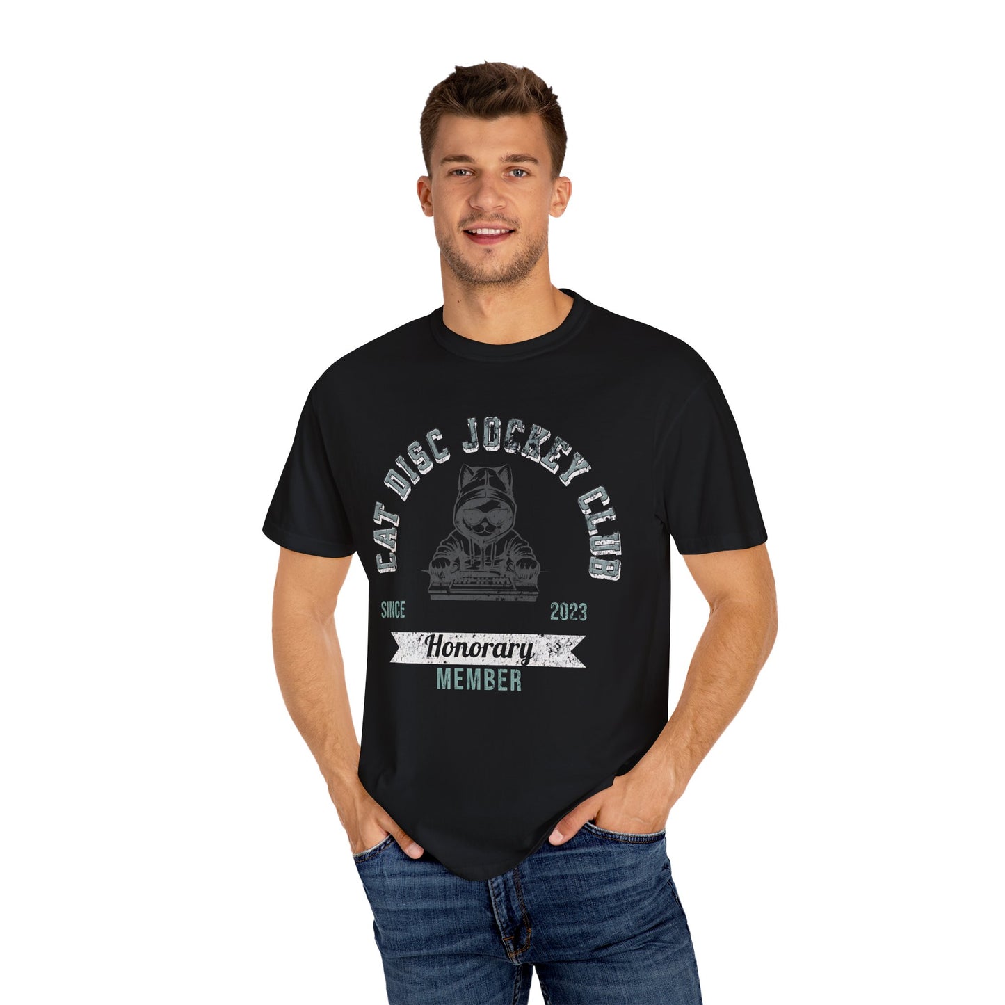 Man wearing a black t-shirt with 'Cat Disc Jockey Club' text and graphic on a white background