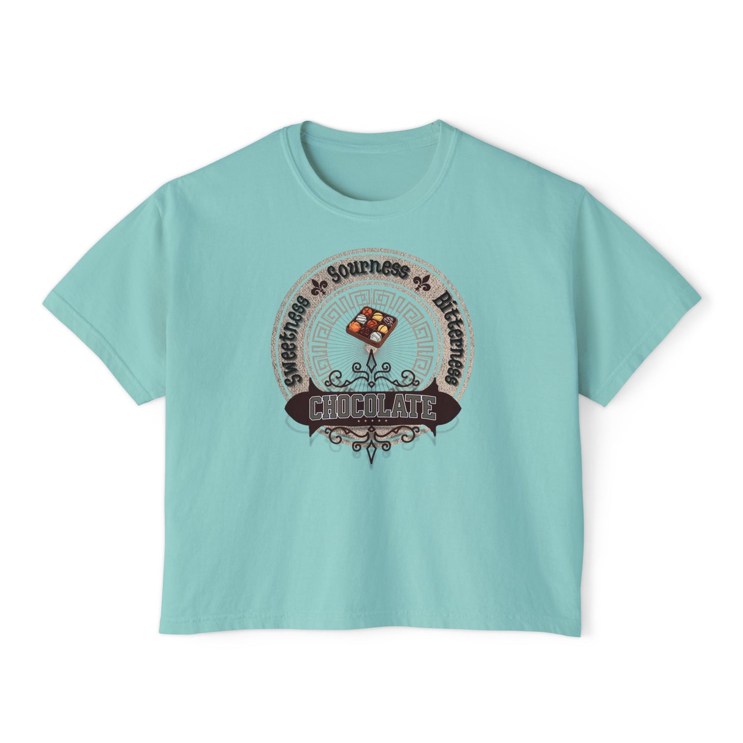 Chocolate Tee front. Energy and Happiness. Chalky mint