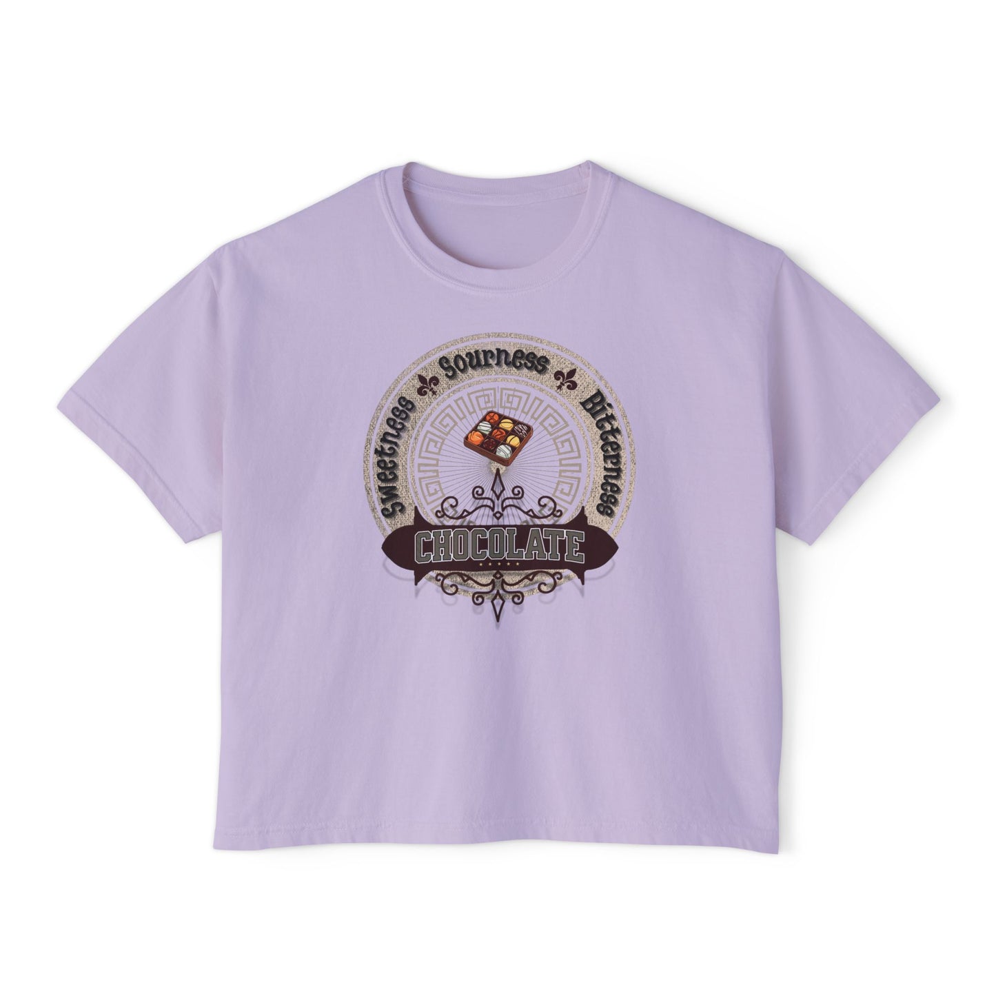 Chocolate Tee front. Energy and Happiness. Orchid
