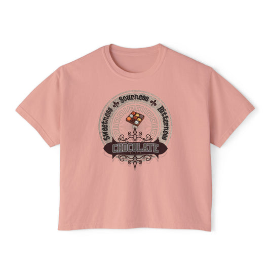 Chocolate Tee front. Energy and Happiness. Peachy