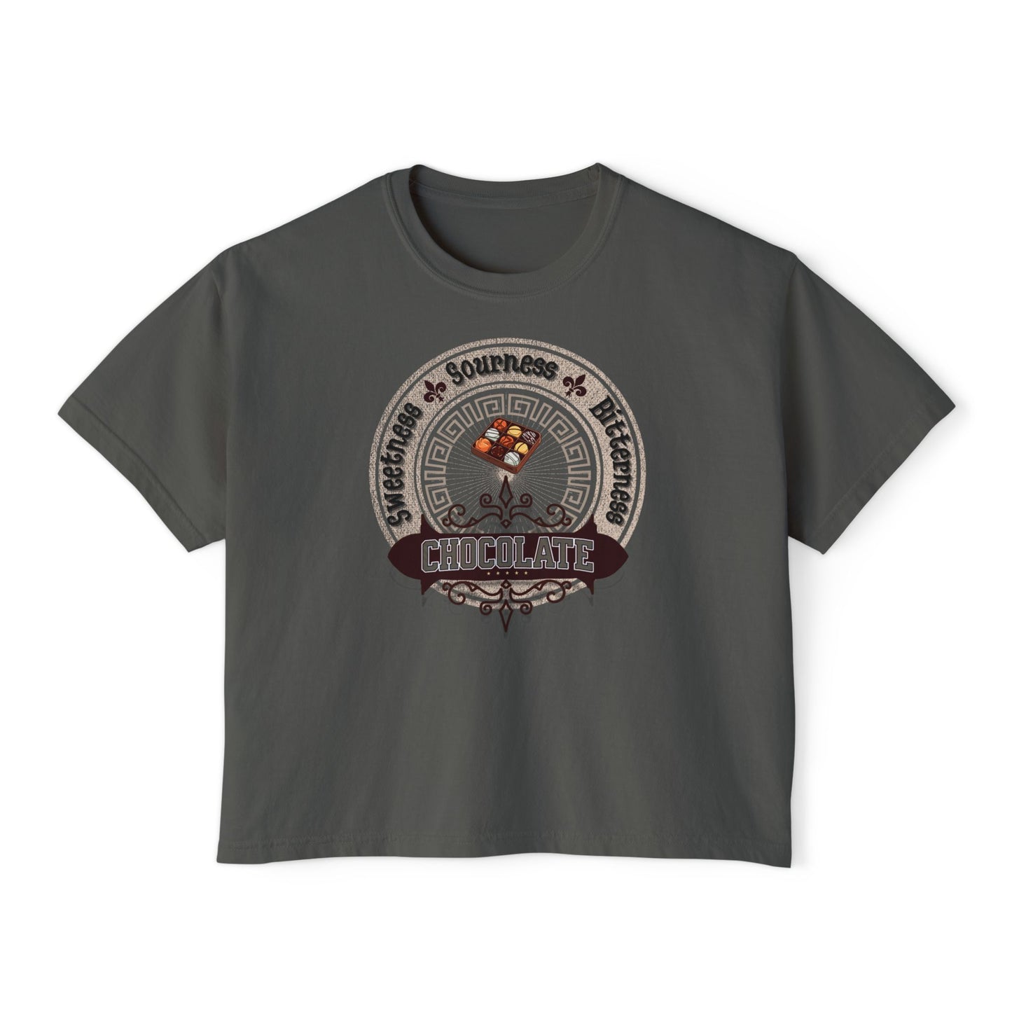 Chocolate Tee front. Energy and Happiness. Pepper