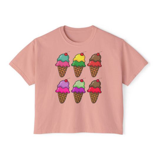 Pink t-shirt with colorful ice cream cone graphics on a white background