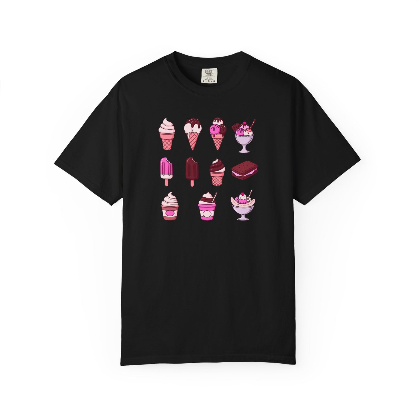 Black t-shirt with ice cream cone design on a white background