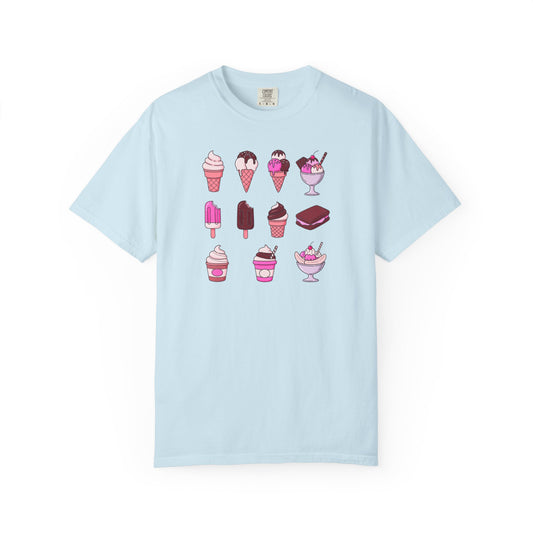 Light blue t-shirt with ice cream graphics on a white background