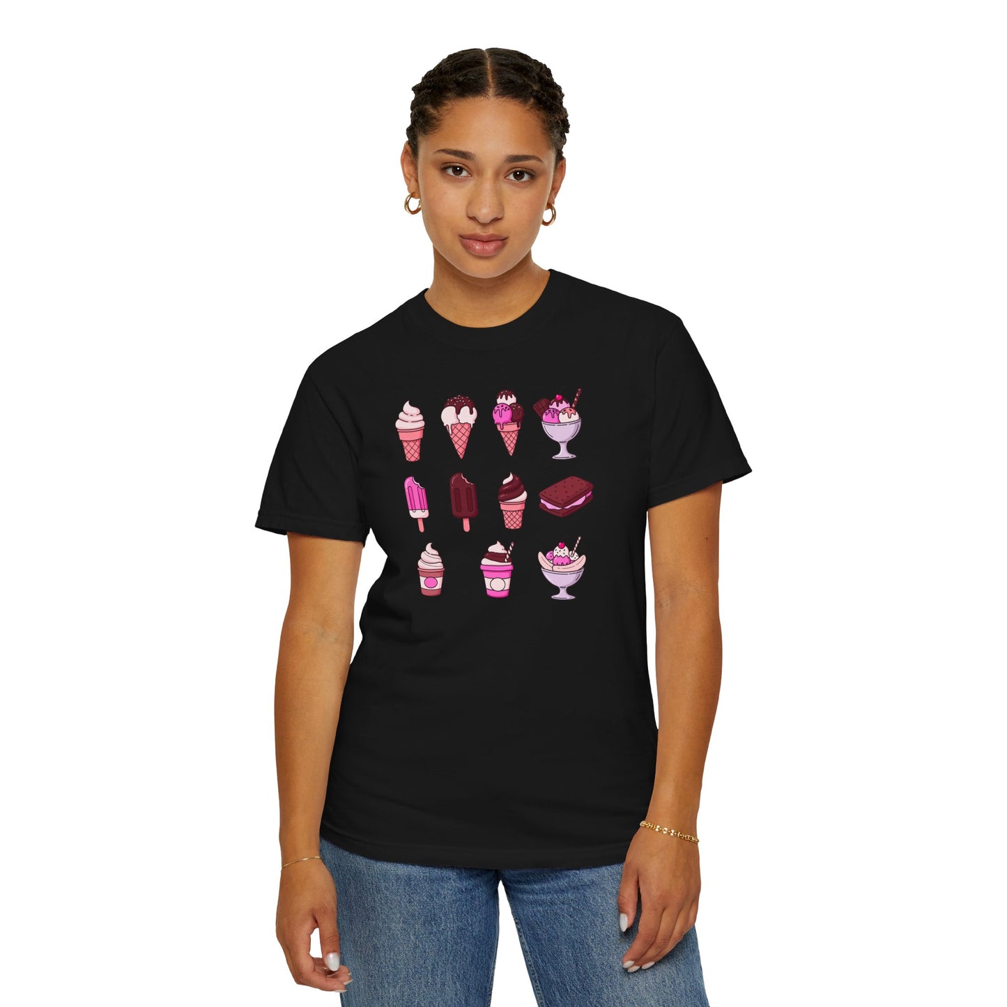 Person wearing a black t-shirt with ice cream cone design on a white background