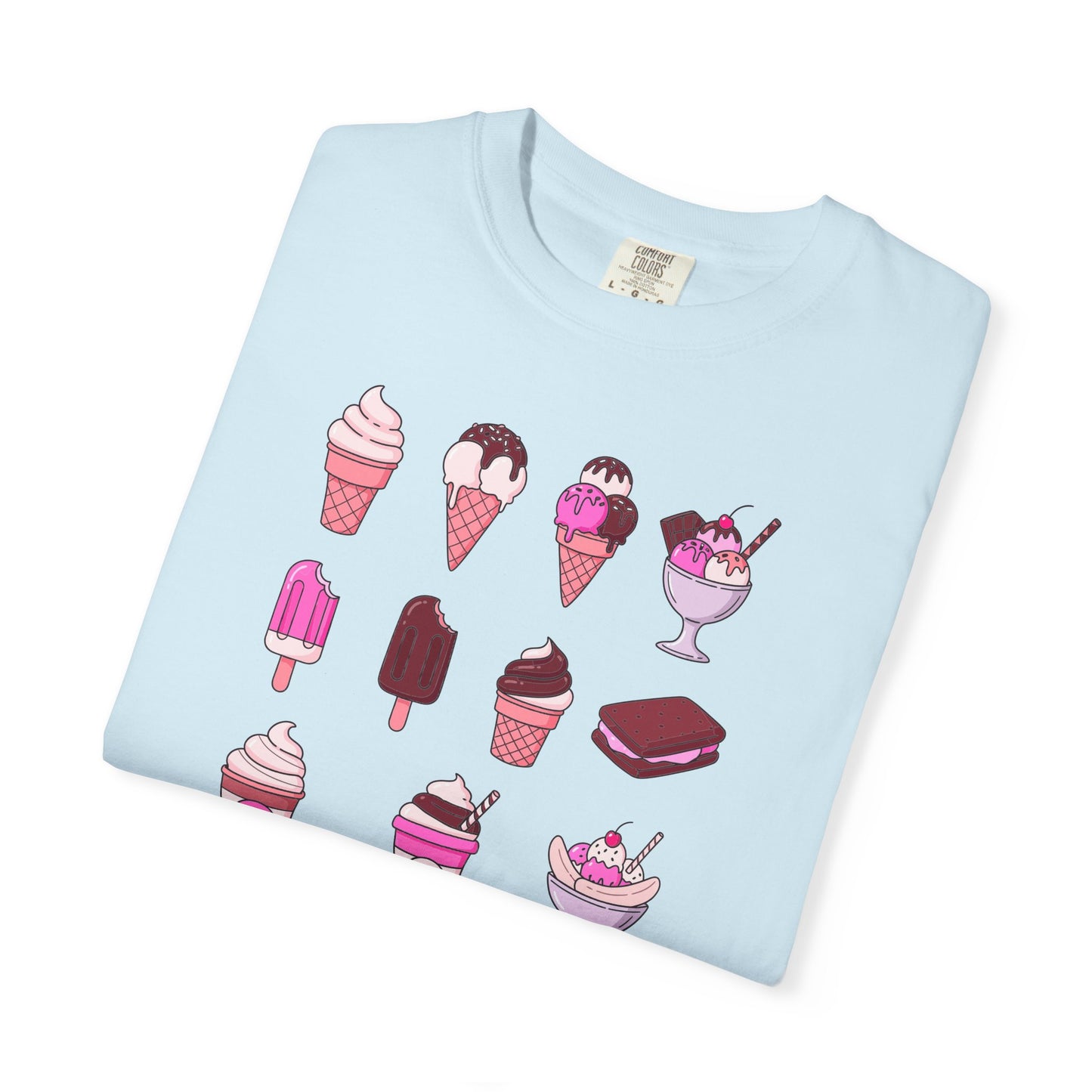 Light blue t-shirt with ice cream cone pattern on a white background