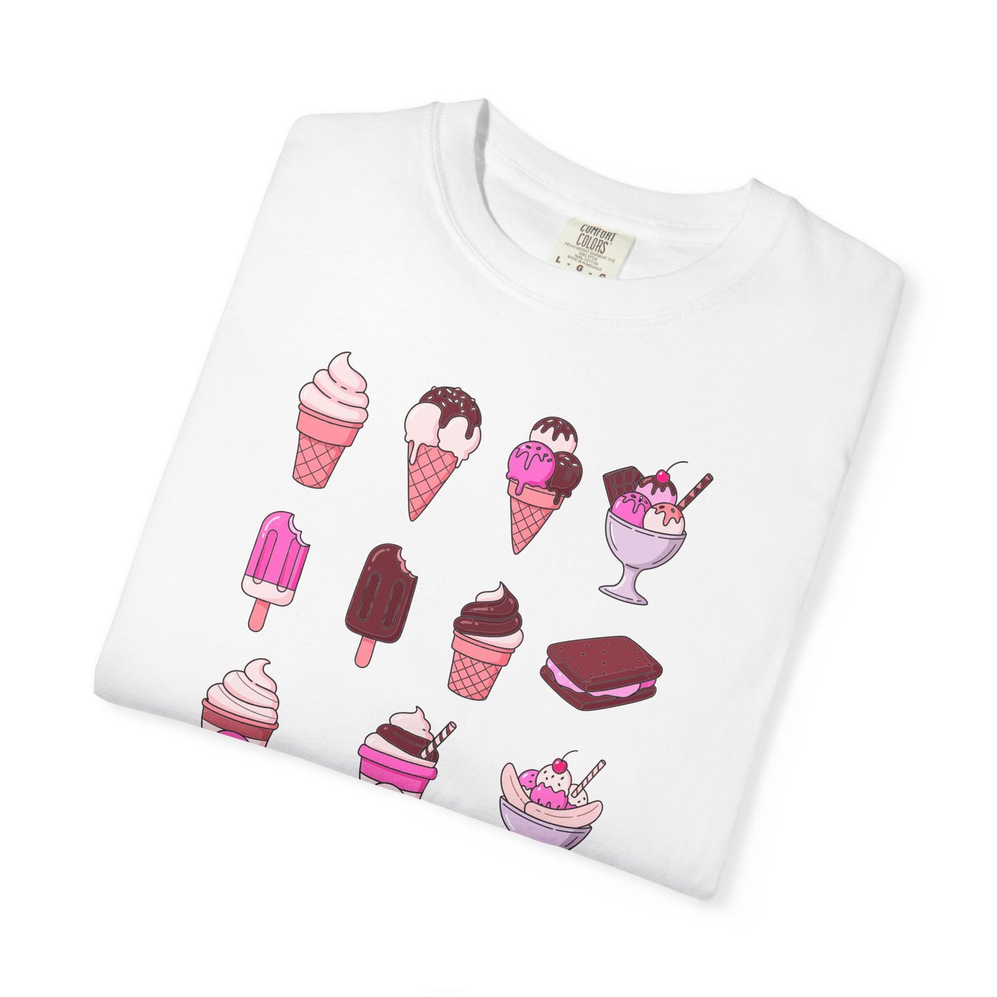 White t-shirt with ice cream cone and popsicle designs on a white background