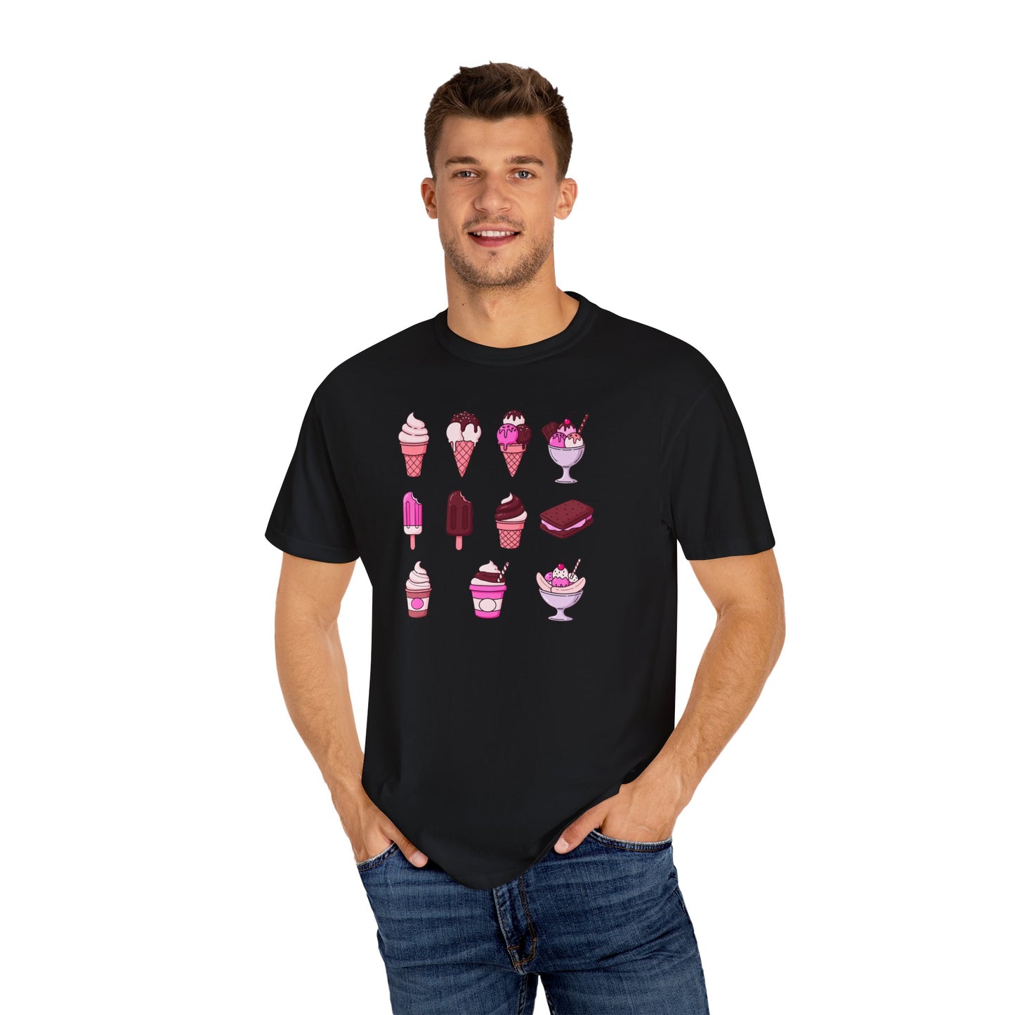 Man wearing a black t-shirt with ice cream graphics on a white background