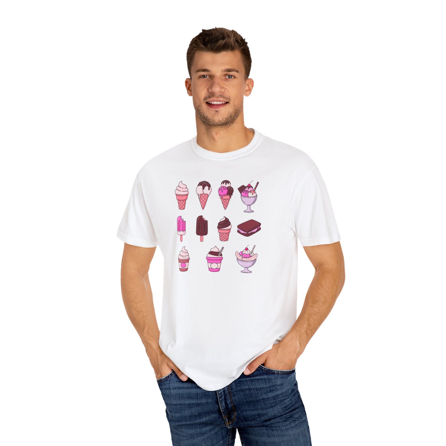 Man wearing a white t-shirt with ice cream cone graphics on a white background