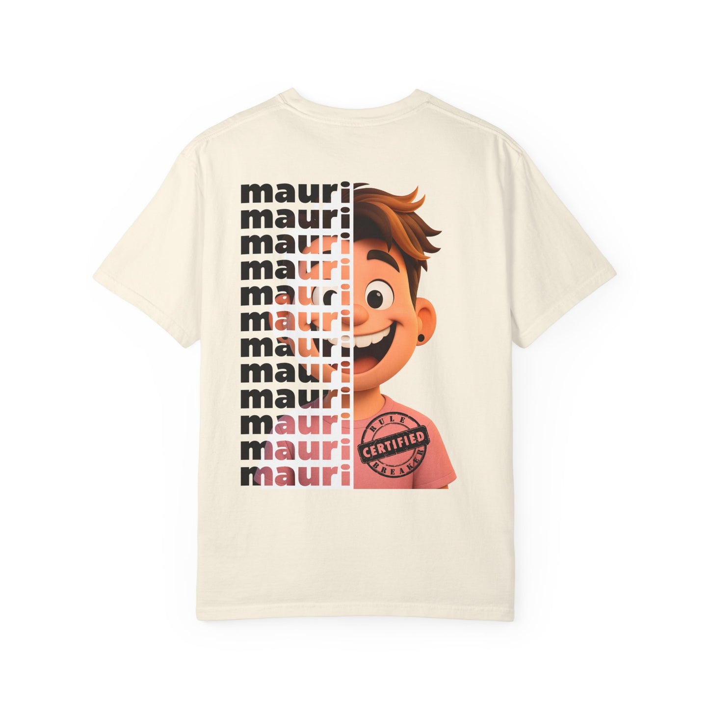 Ivory t-shirt with a character and 'mauri' text on a white background