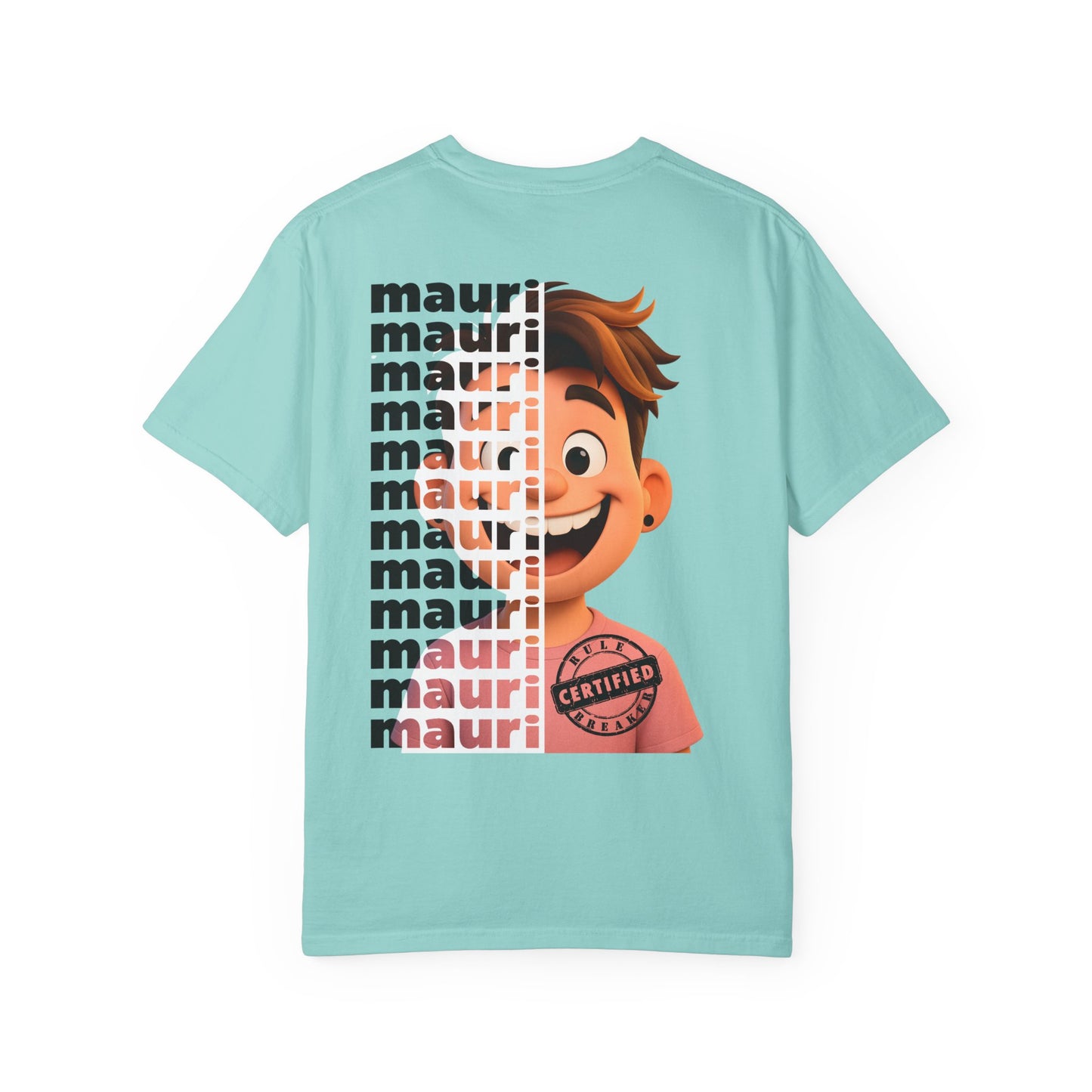 Light blue t-shirt with cartoon character and 'mauri' text on a white background