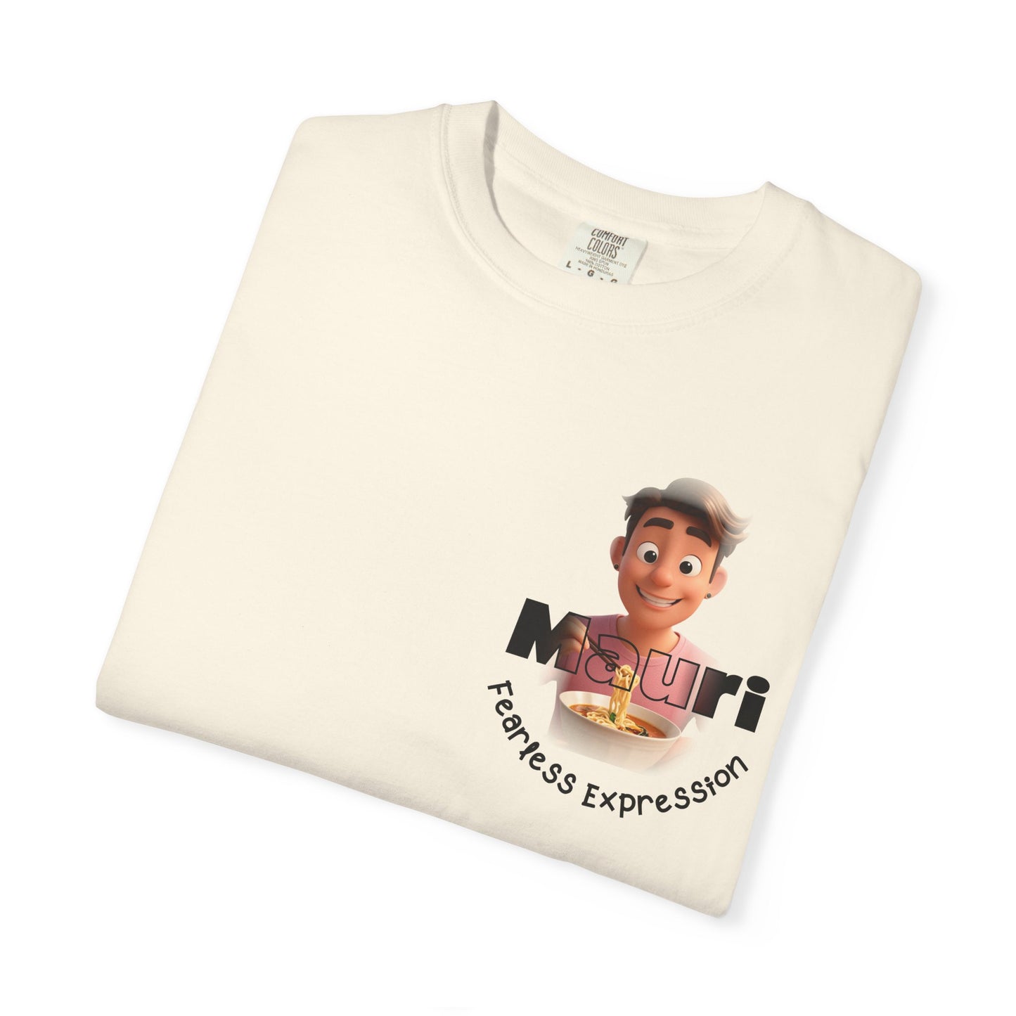 Folded cream-colored t-shirt with an animated character and text on a white background