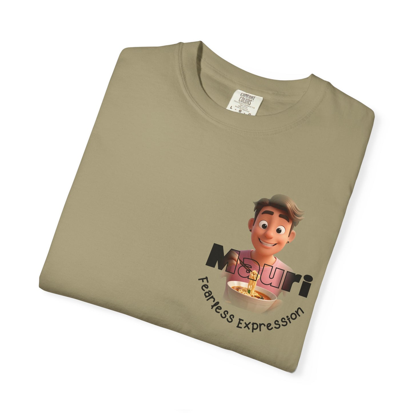 Folded khaki t-shirt with a cartoon character and text on a white background