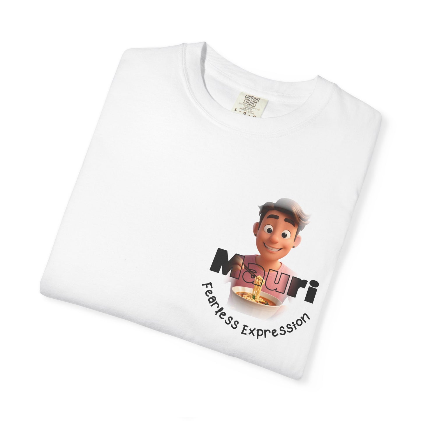 White t-shirt with a cartoon character and text on a white background