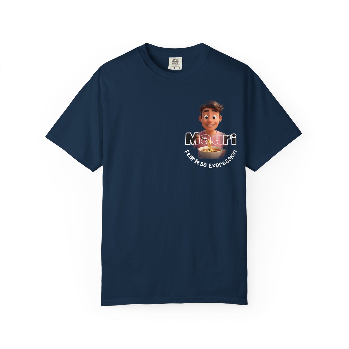 Navy blue t-shirt with a graphic of a person and text on a white background