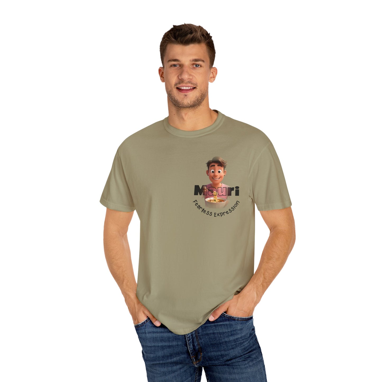 Man wearing a khaki t-shirt with a graphic design on a white background