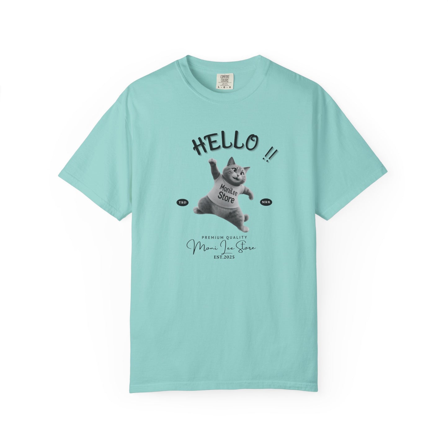 Moni Lee Cat printed on the front. Chalky mint short sleeved Tee.
