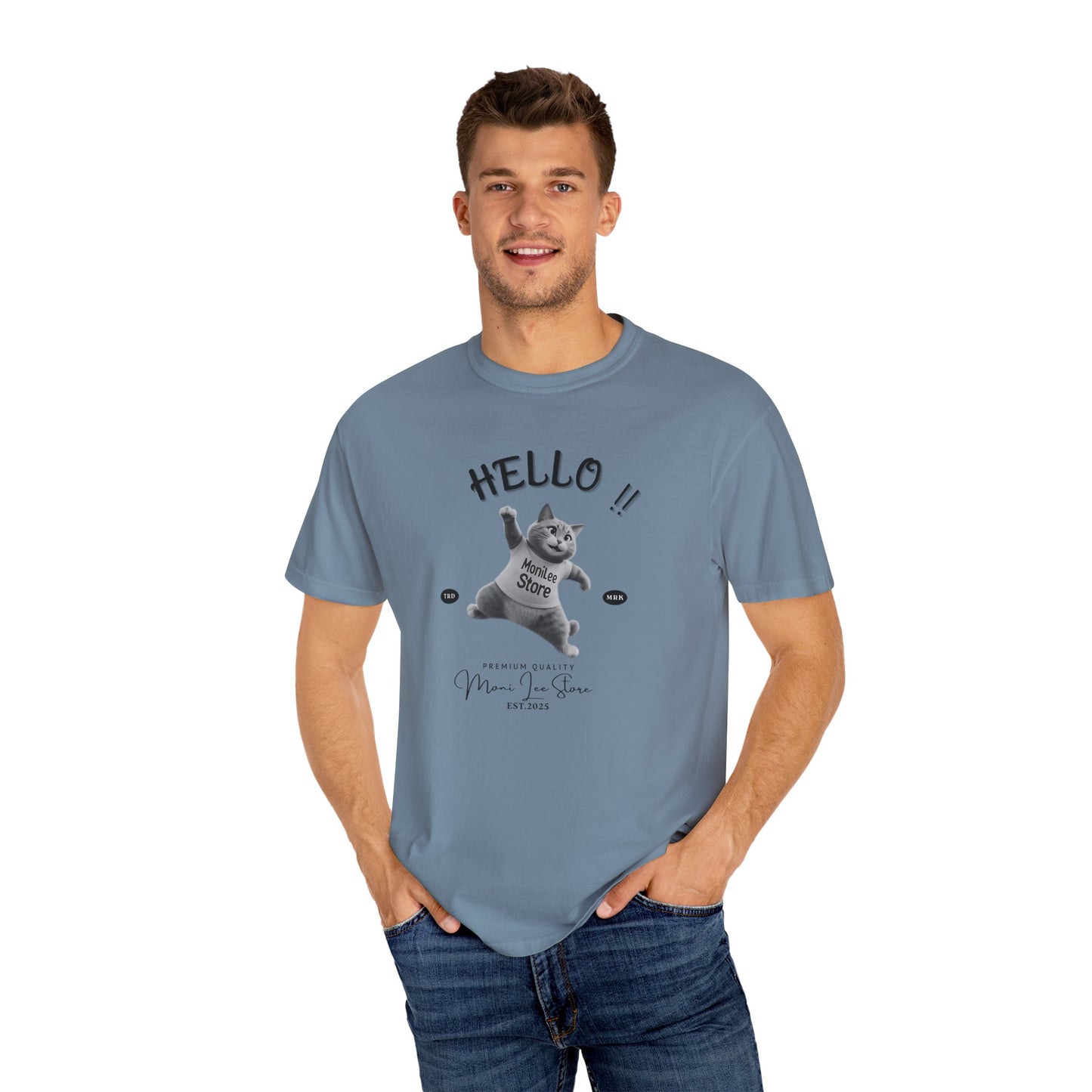 Moni_Lee_Cat_Ice Blue Tee. Man model one