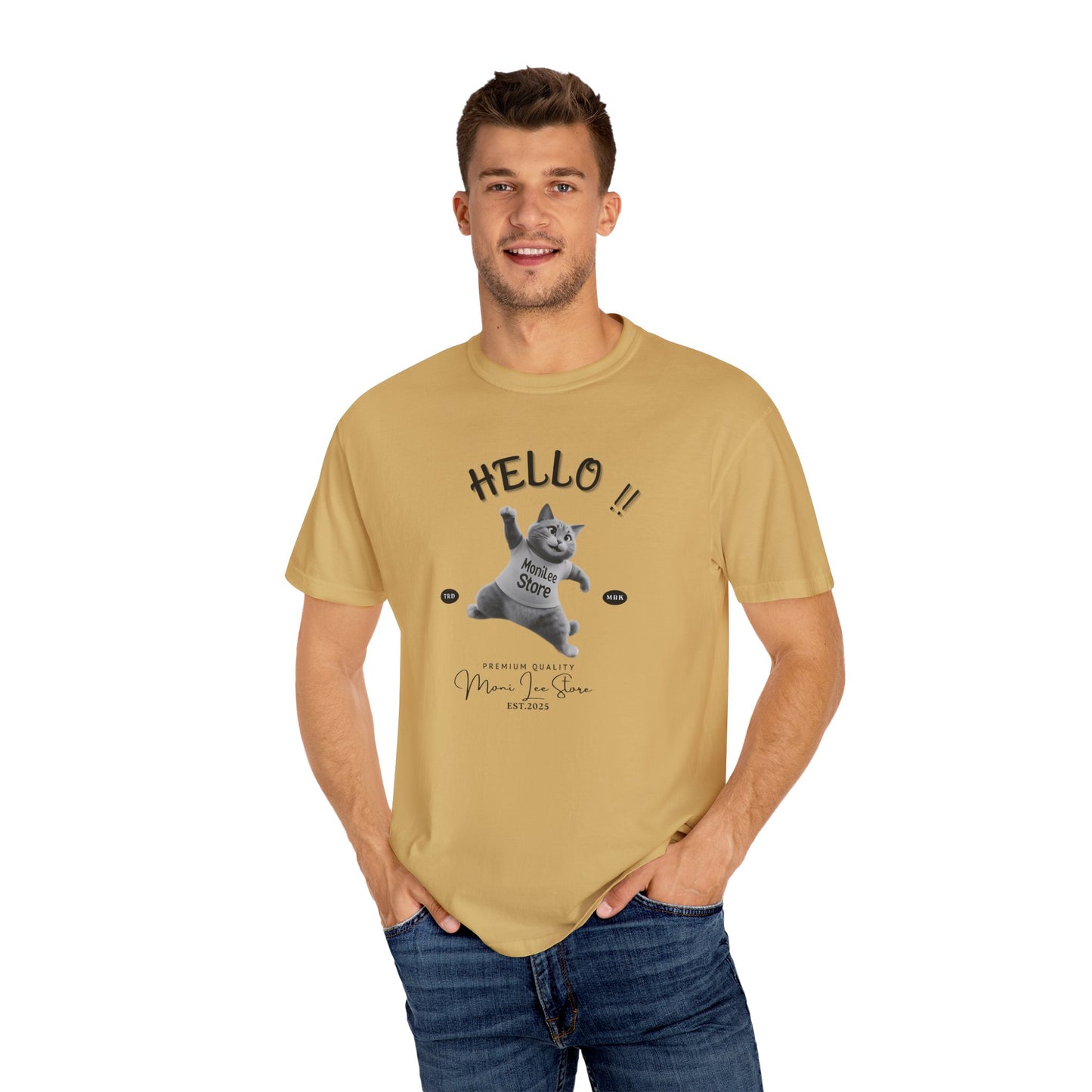 Moni_Lee_Cat_Mustard Tee. Man model one