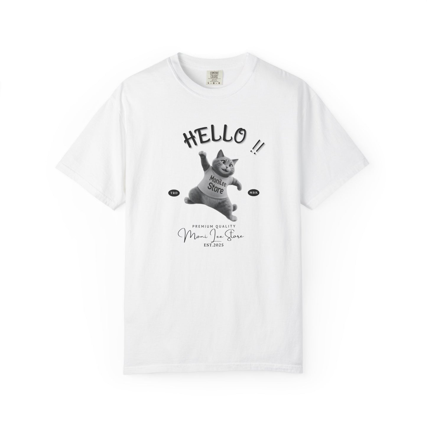 Moni Lee Cat printed on the front. White short sleeved Tee.