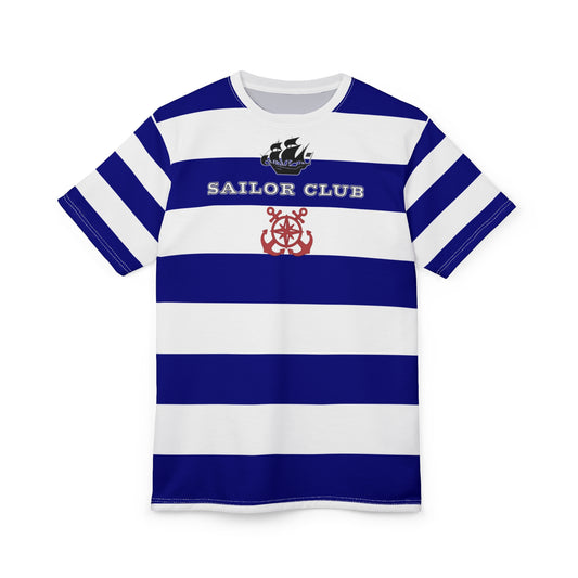 Blue and white striped shirt with 'Sailor Club' text and logo on a white background