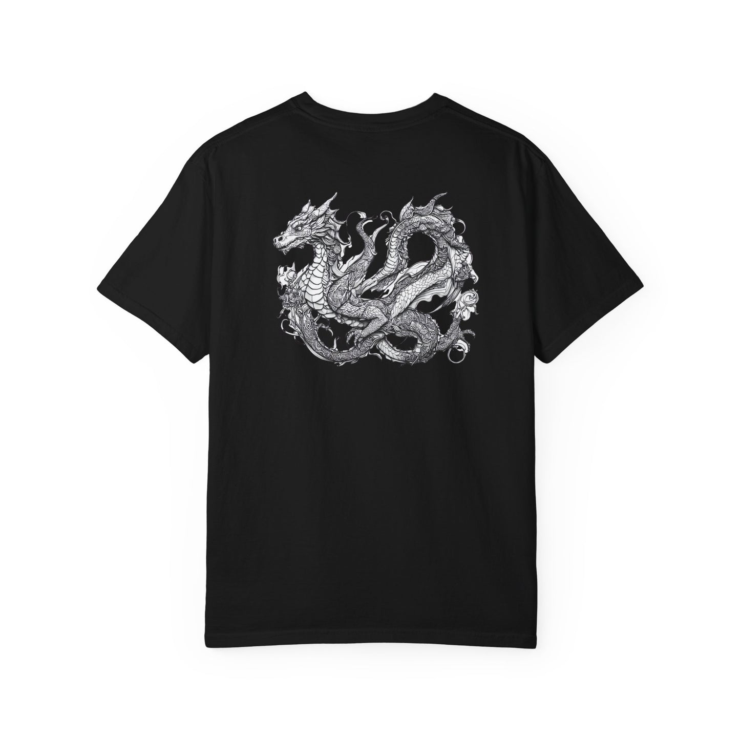 Black t-shirt with a silver dragon design on the back against a white background