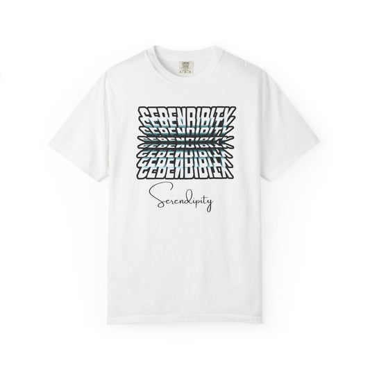 White t-shirt with black geometric design and text on a white background