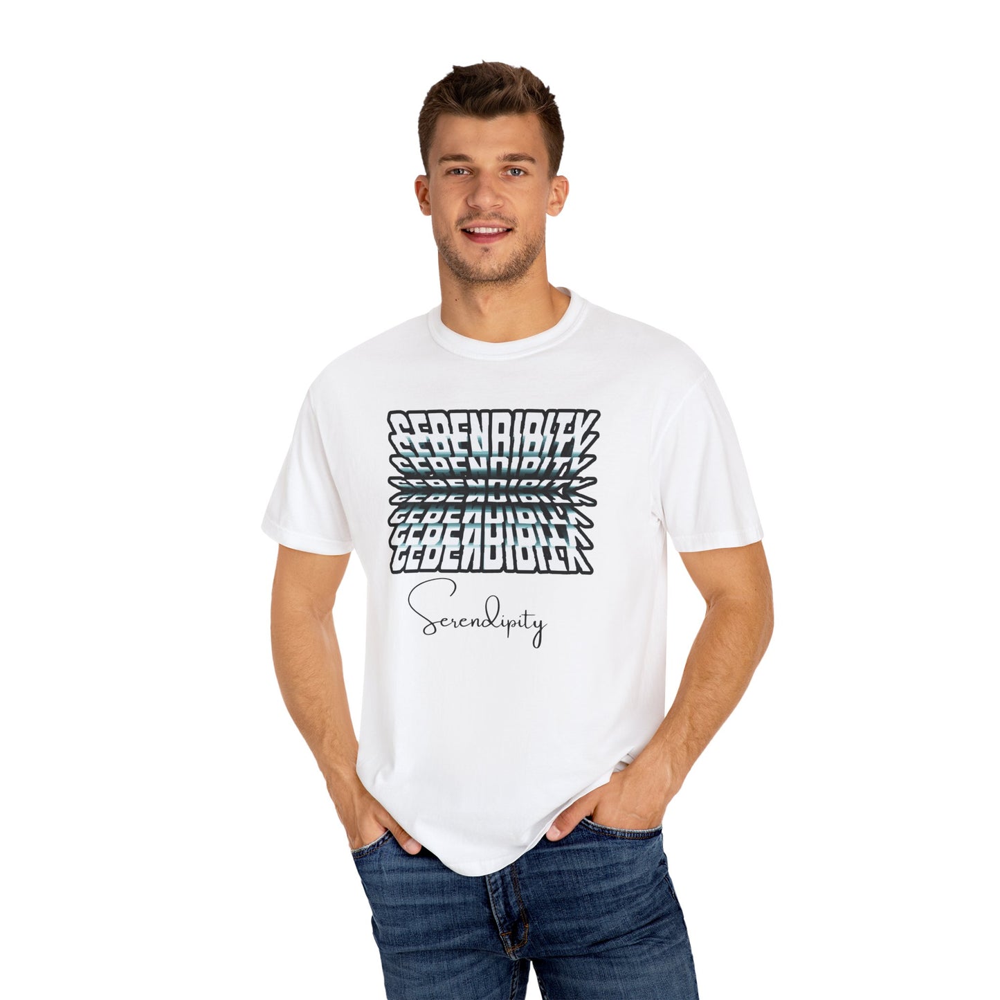 Man wearing a white t-shirt with black text design on a white background