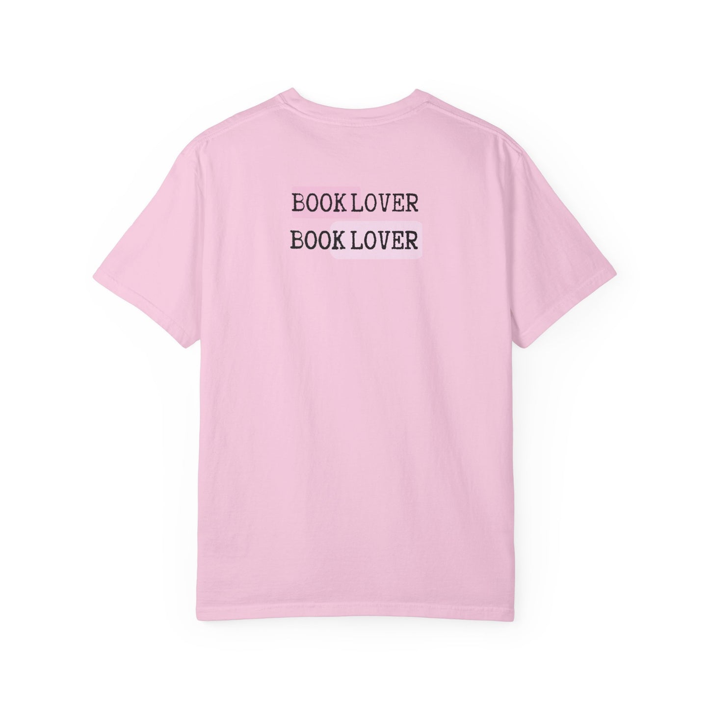 Pink t-shirt with 'BOOK LOVER' text on a white background