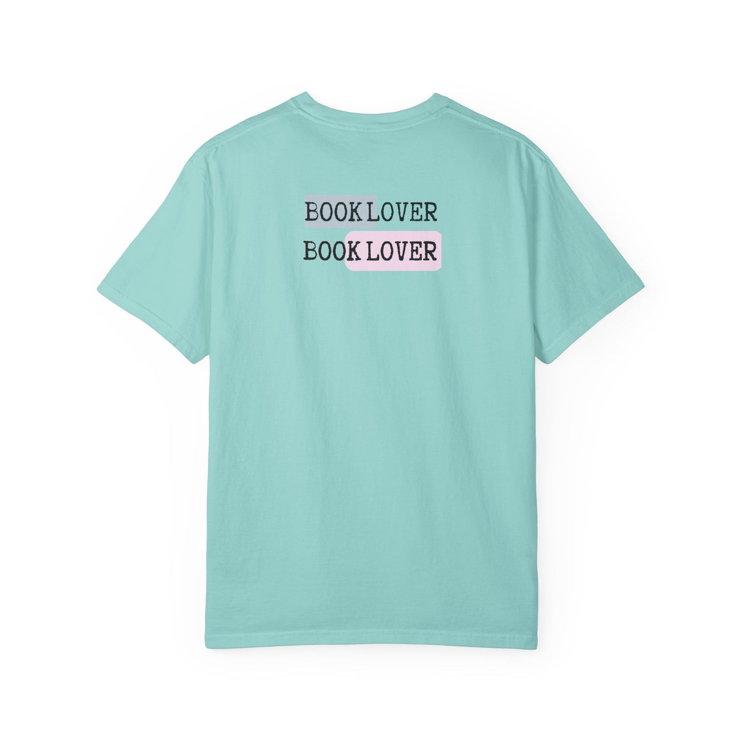 Light blue t-shirt with 'BOOK LOVER' text on a white background