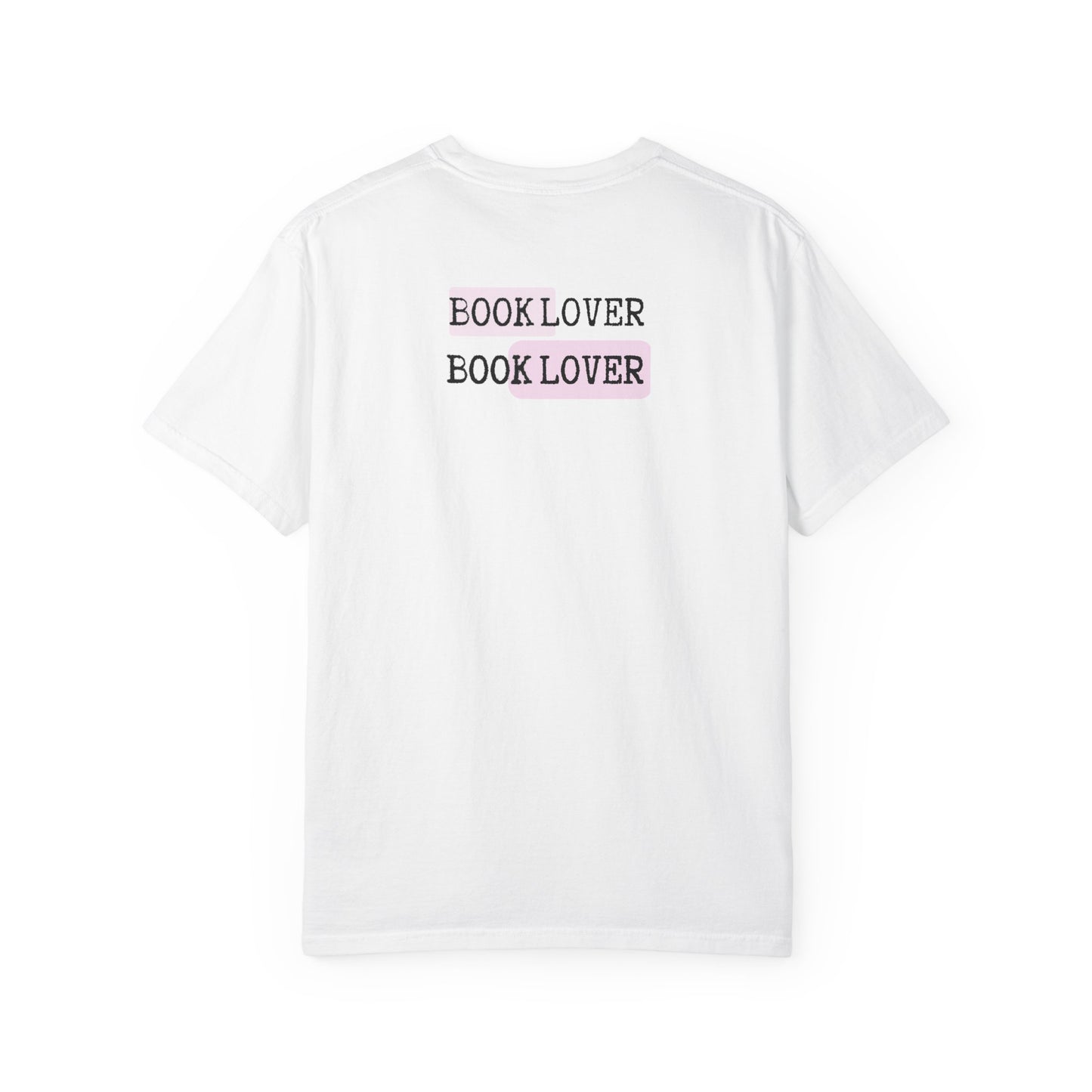 White t-shirt with 'BOOK LOVER' text printed twice on a white background