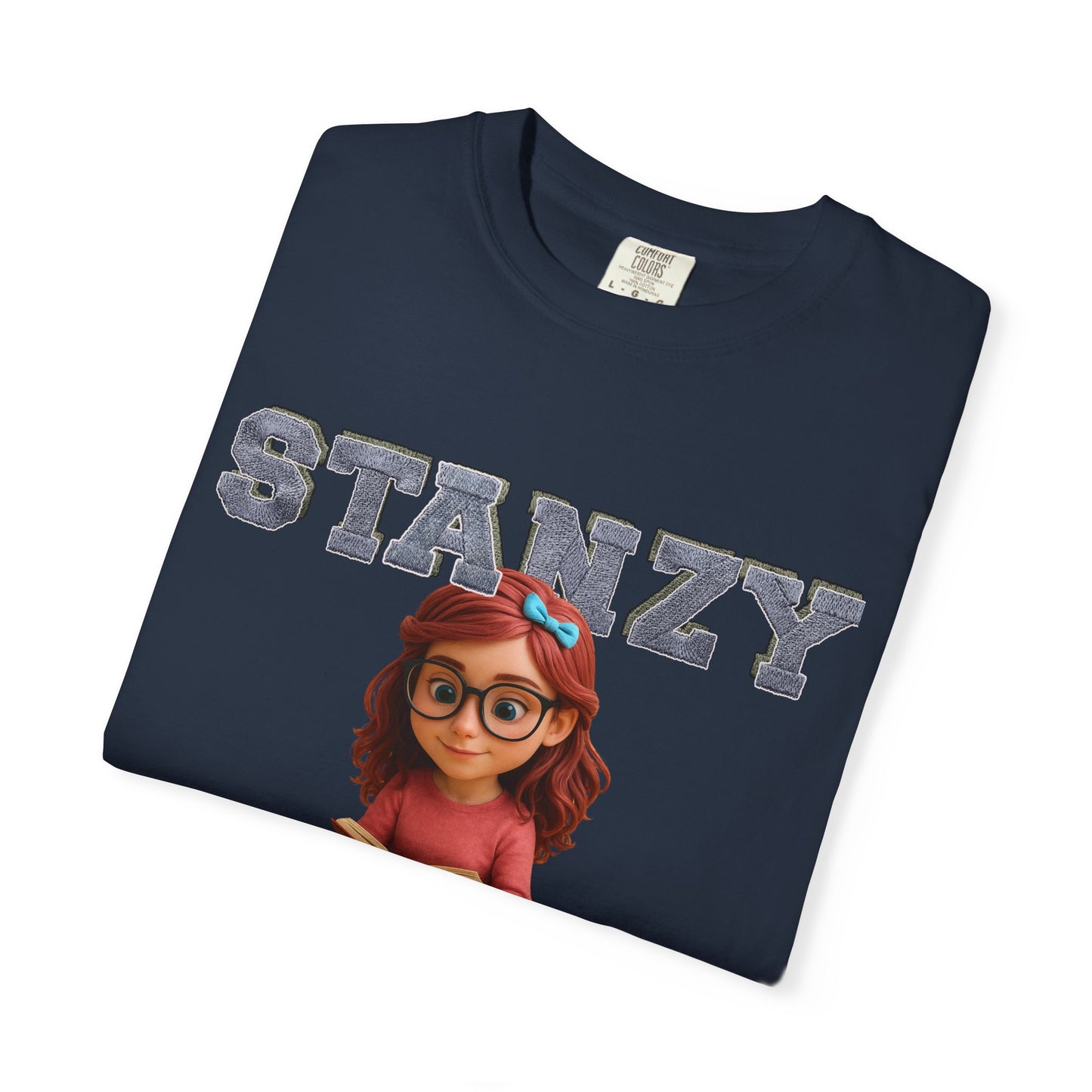 Navy blue t-shirt with cartoon character and 'STANZY' text on a white background
