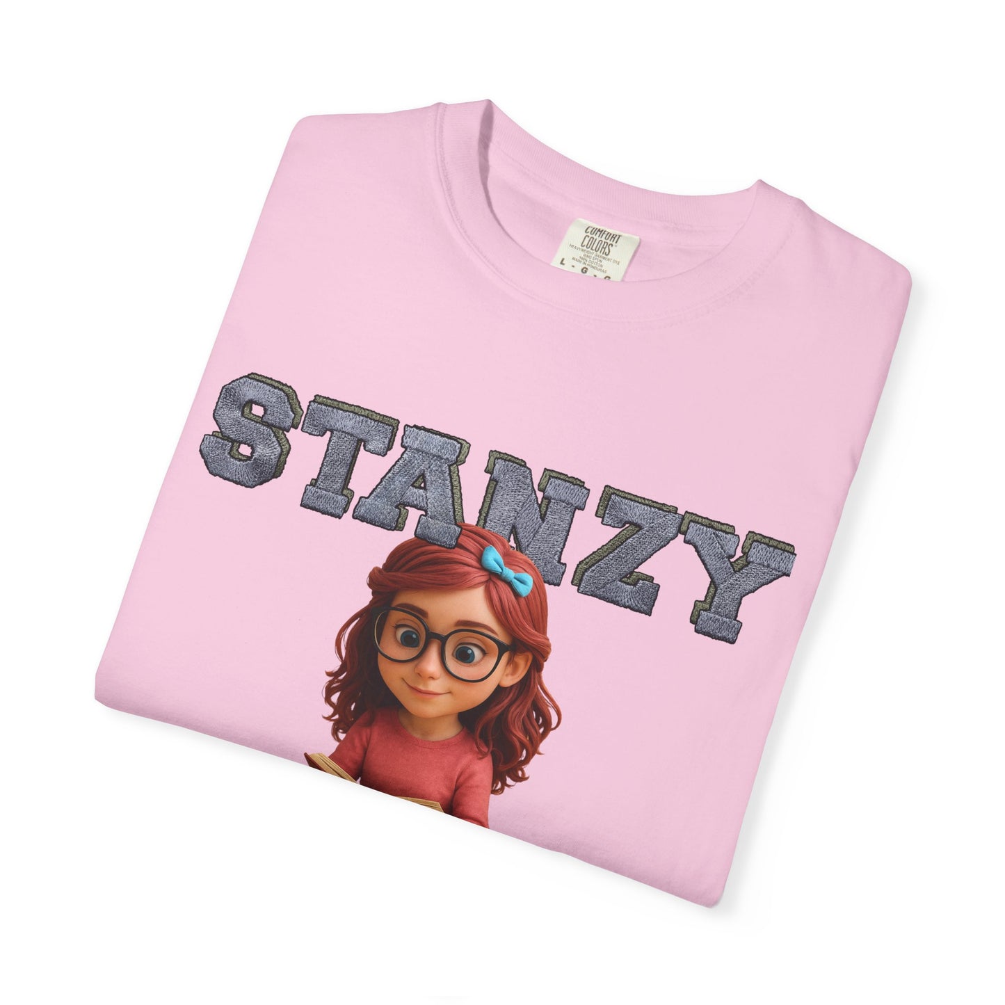 Pink t-shirt with cartoon character and 'STANZY' text on a white background