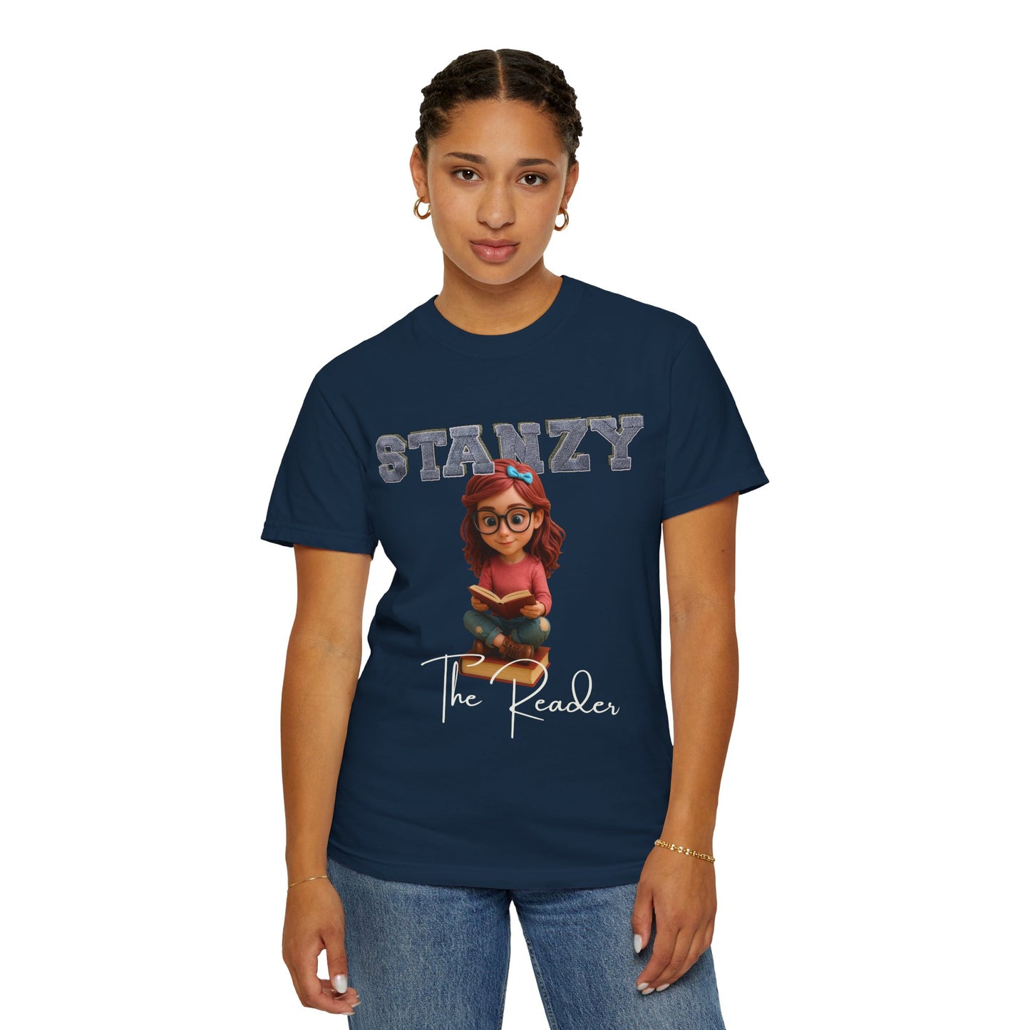 Person wearing a navy blue t-shirt with 'Stanzy The Reader' design on a white background