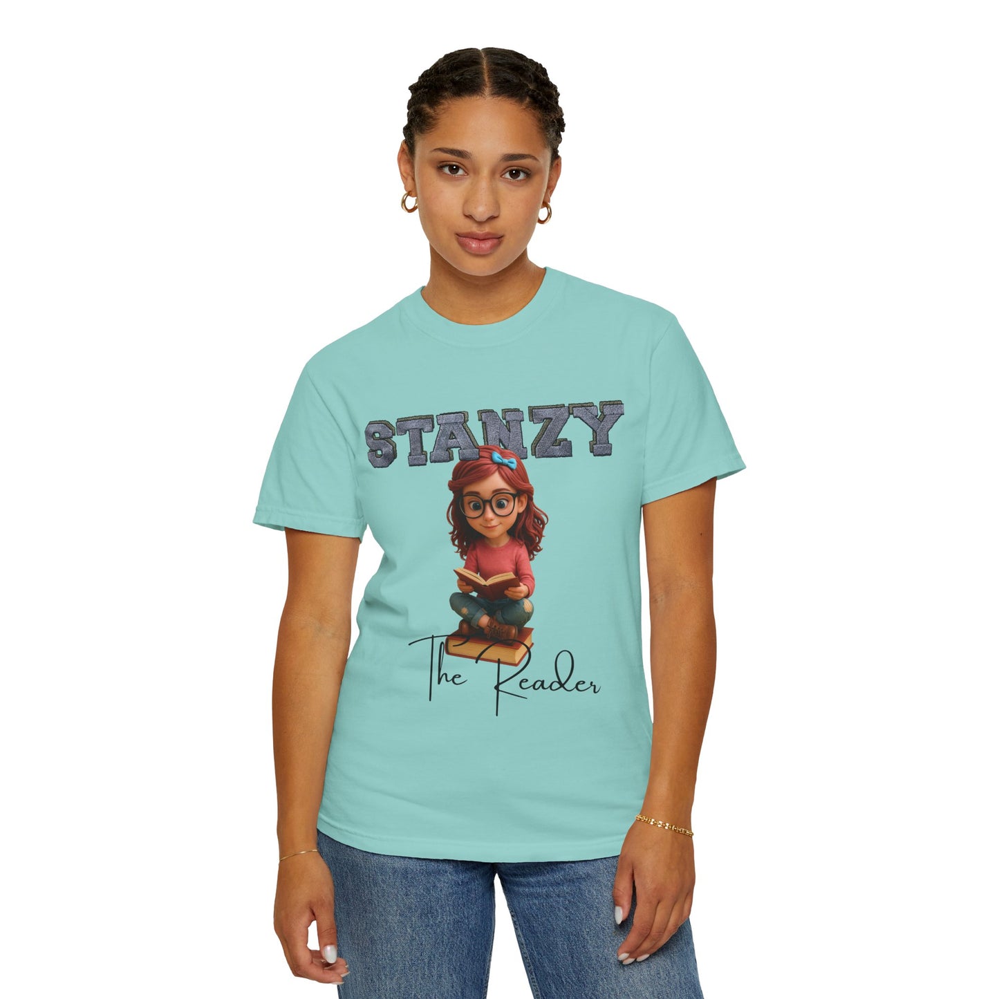 Person wearing a light blue t-shirt with 'STANZY The Reader' design on a white background
