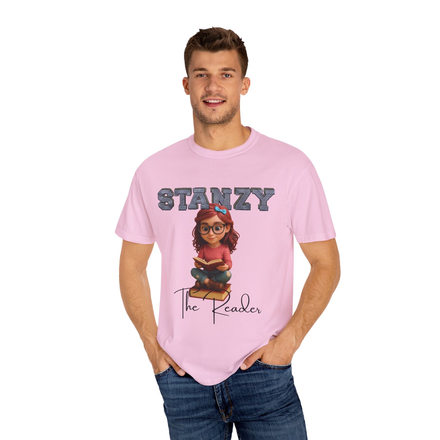 Man wearing a pink t-shirt with 'Stanzy the Reader' design on a white background