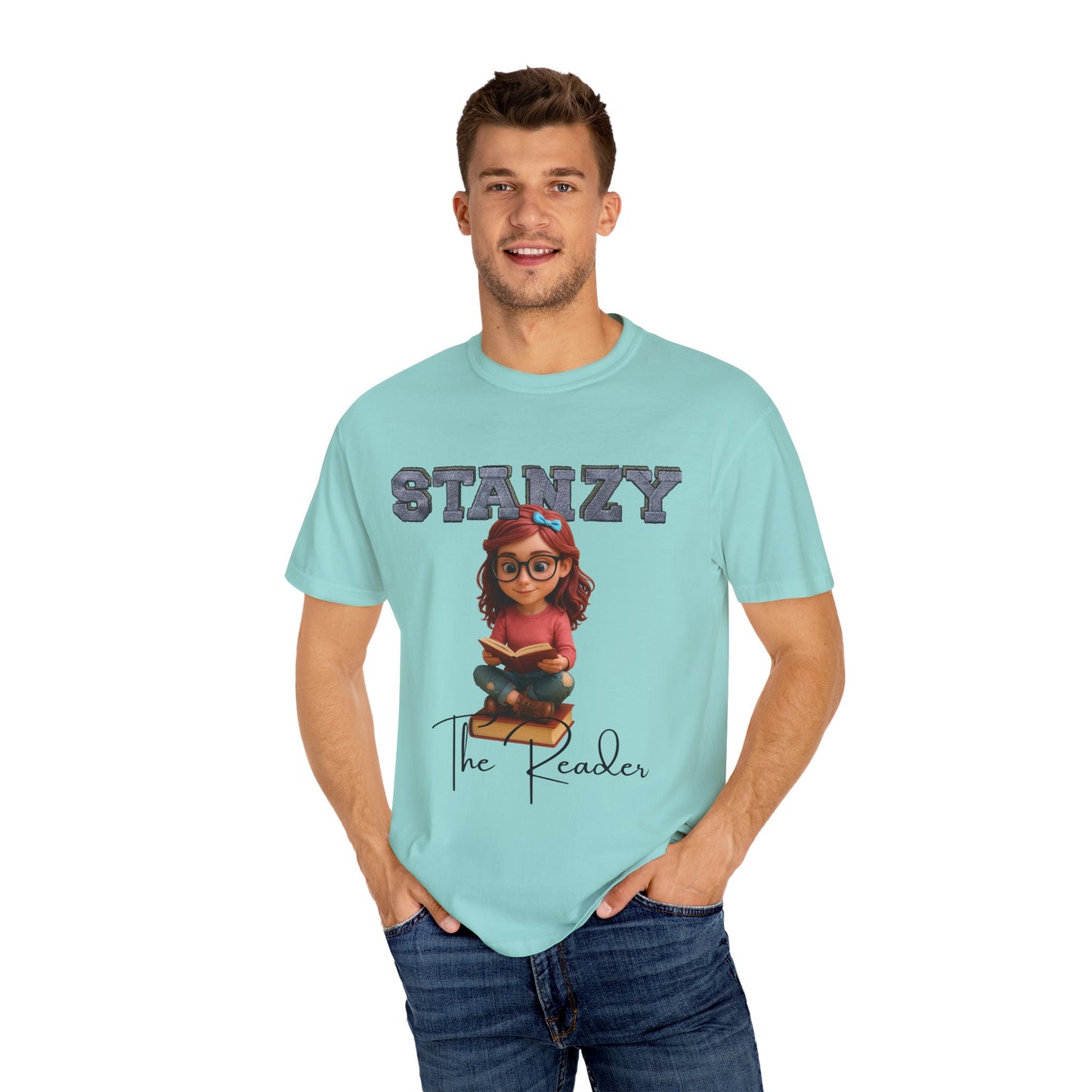 Man wearing a light blue t-shirt with 'Stanzy the Reader' graphic design on a white background