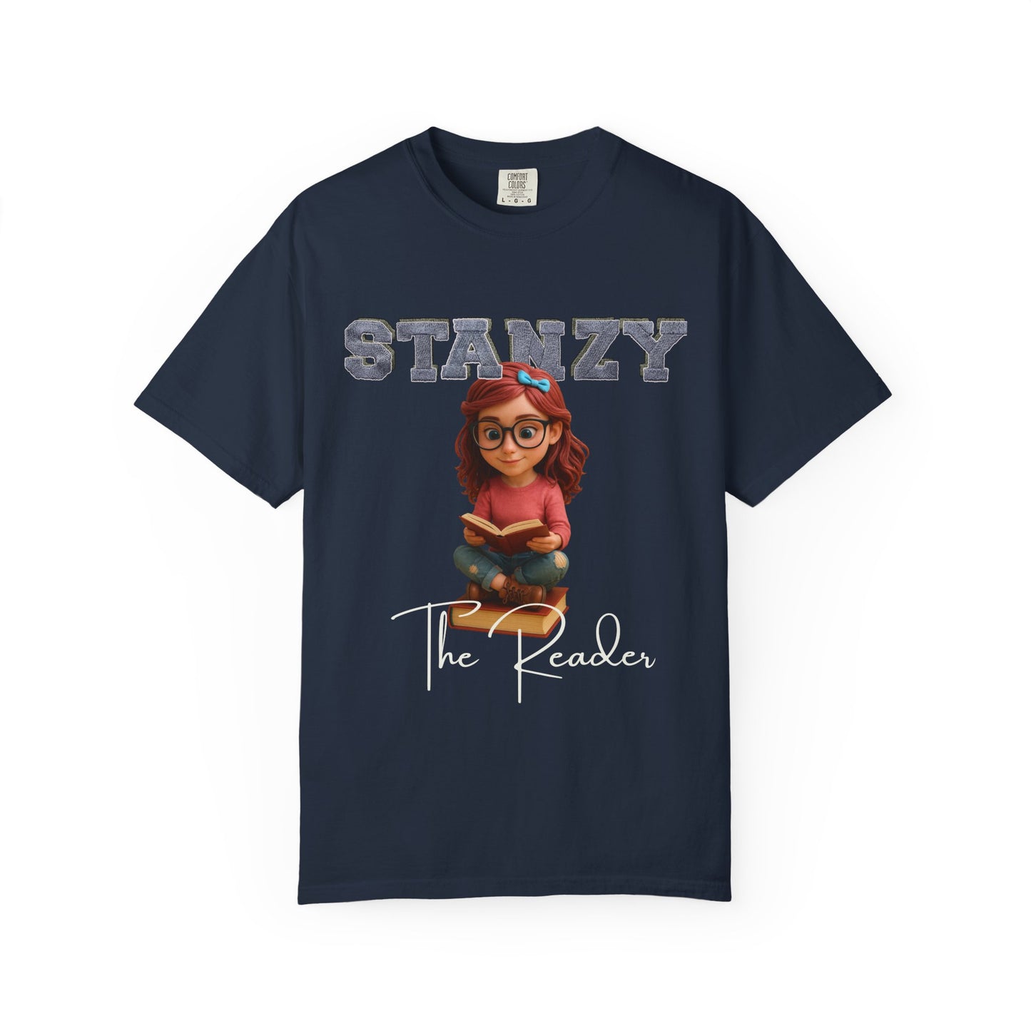 Navy blue t-shirt with 'Stanzy The Reader' design on a white background