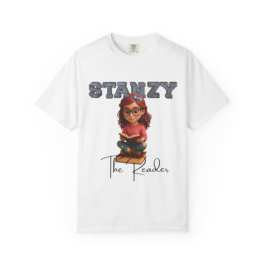 White t-shirt with 'Stanzy The Reader' design on a white background