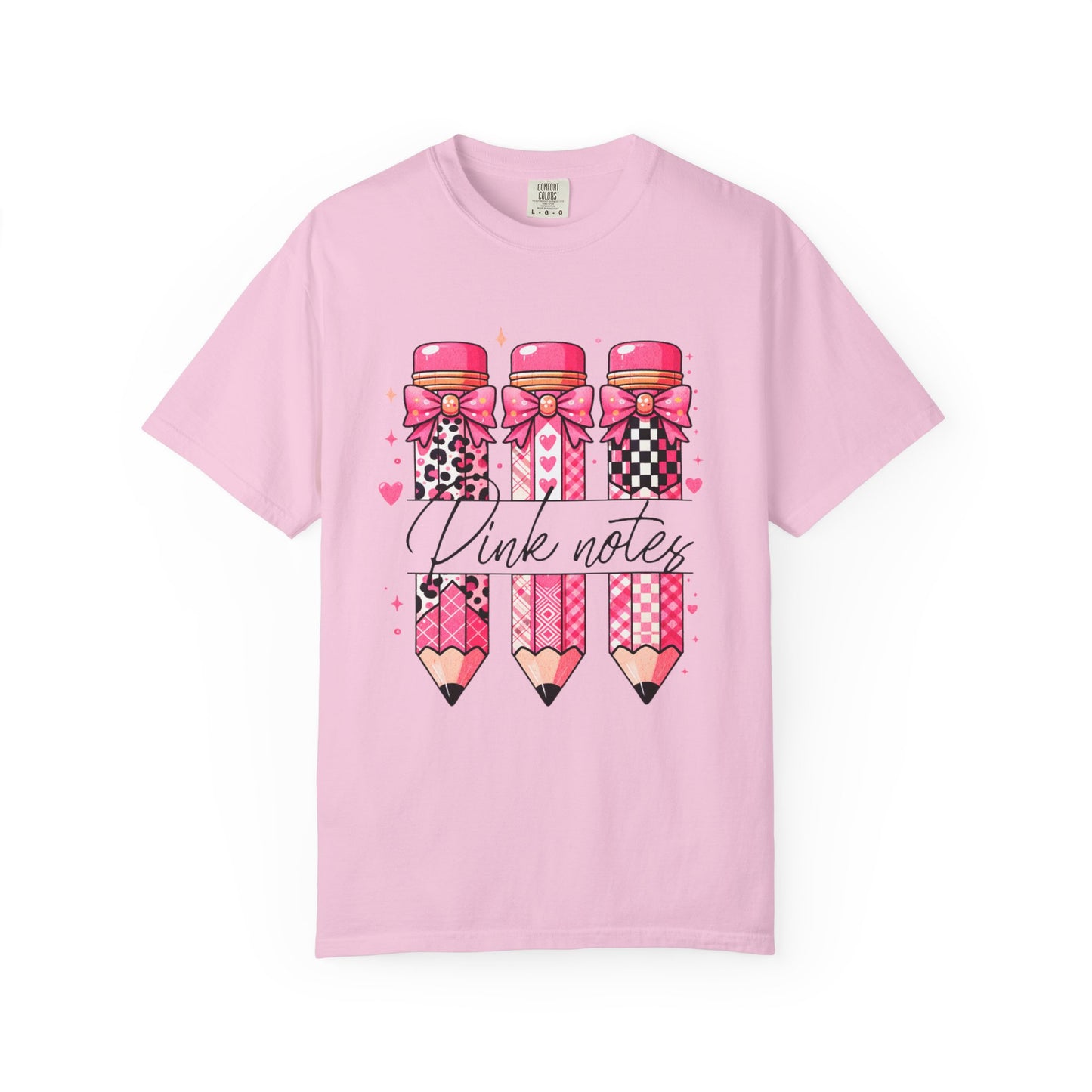 Pink t-shirt with pencil design and 'Pink Notes' text on a white background